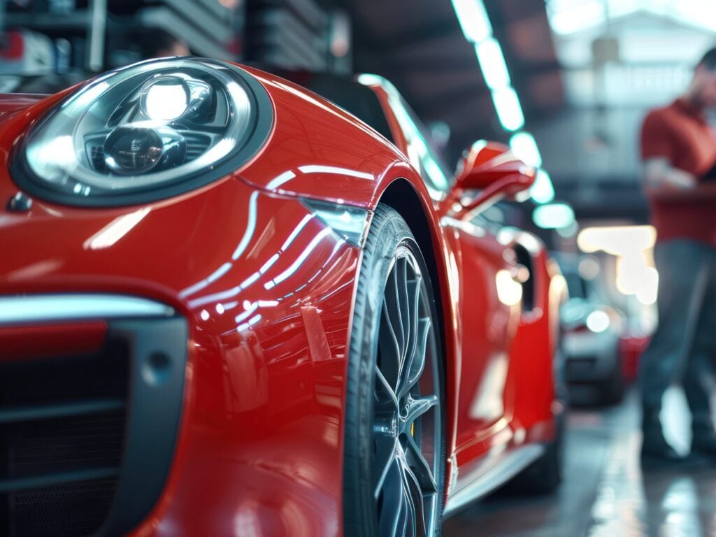 Mechaniker zeigen die Auto-Checkliste für den Kunden mit Unschärfe sein Assistent überprüft roten Auto, Fokus auf Mechaniker und Kunden auf der rechten Seite, in Auto-Reparatur-Service-Center-Shop